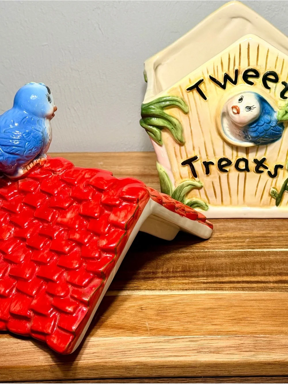Vintage 1970s Tweety Treats Bluebird Cookie Jar | Ceramic Birdhouse Canister